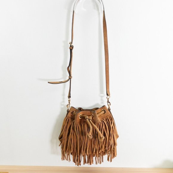 Rebecca Minkoff Handbags - Rebecca Minkoff Crossbody Leather Sling Bag Brown Bucket Fringe Boho Tassel Tan